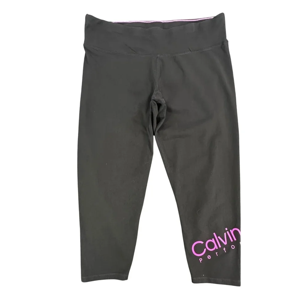 Calvin Klein Performance Leggings Womens 3X Black Cotton Stretch Capri Logo - Picture 1 of 9